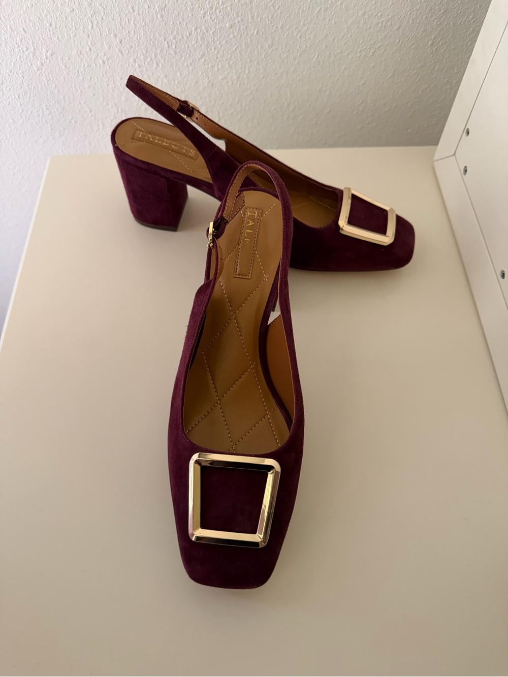 Talbots Burgundy Suede Slingback Heels with Gold Buckle